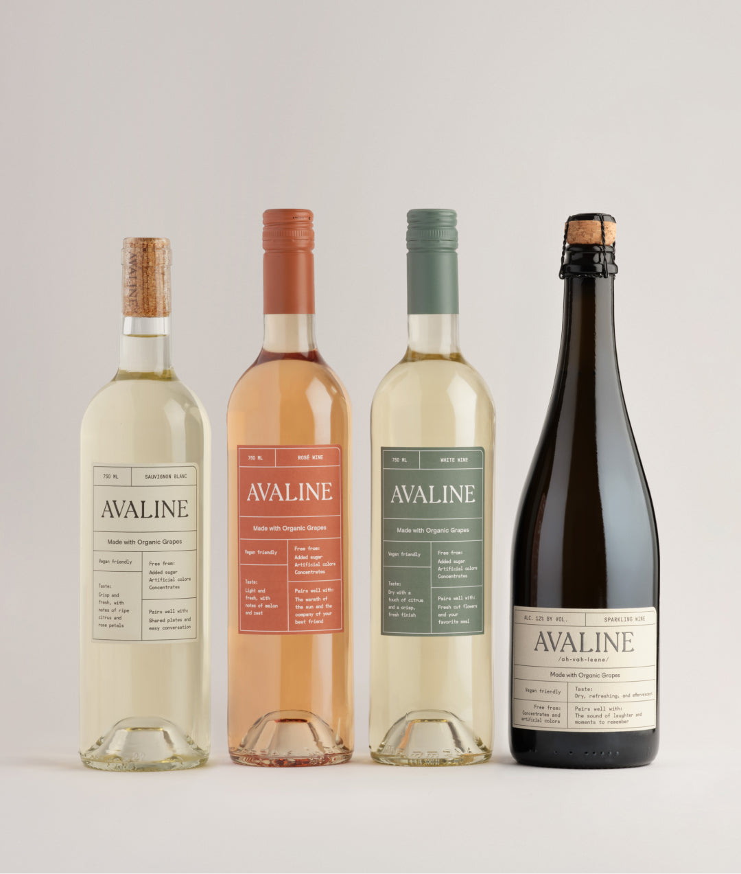 A lineup of wine bottles featuring Avaline White, Rosé, Sauvignon Blanc and Sparkling against a white background.