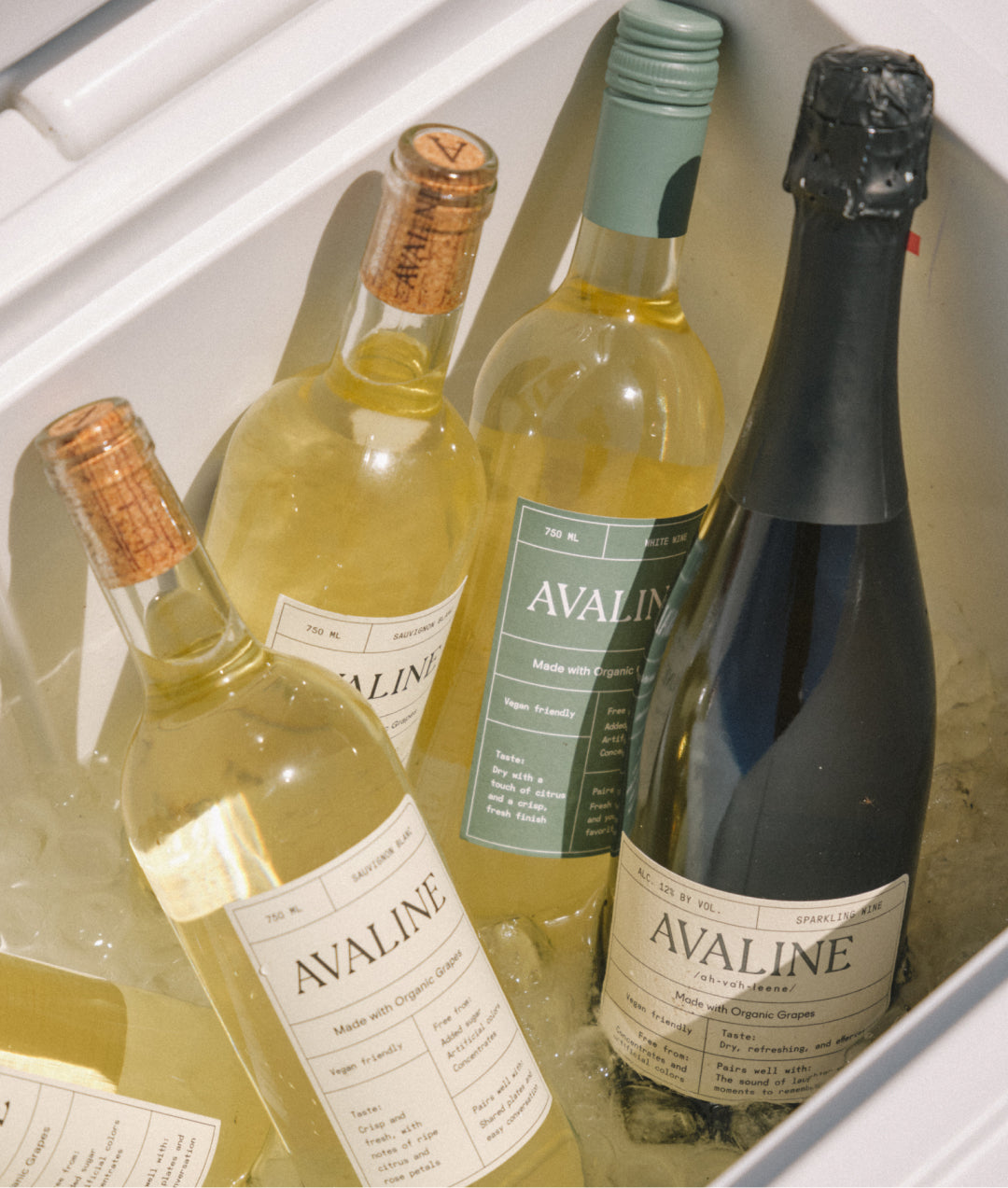 A white cooler with ice filled with bottles of Avaline White Wines including Sauvignon Blanc, White and Sparkling